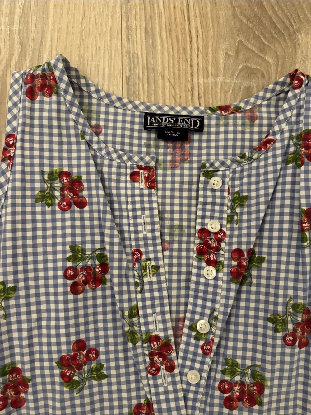 Lands' End Blue Gingham Dress with Red Cherry Print 100% cotton